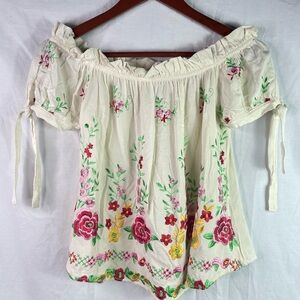 Cinthia Womens Embroidered Floral Boho Floral Top Blouse Size S Festival Hippie